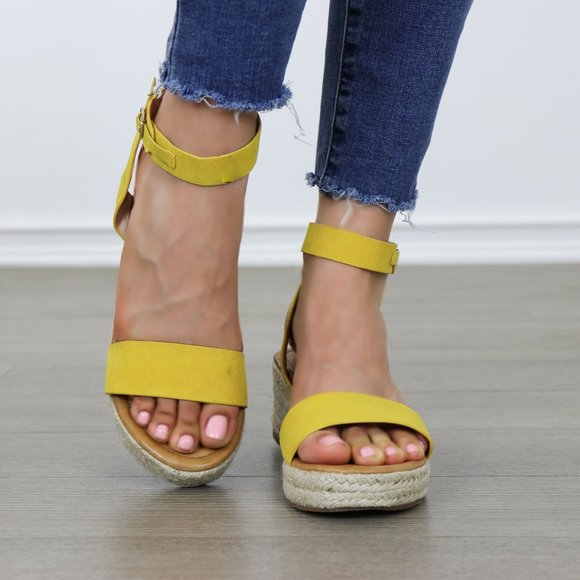 Yellow Open Toe Espadrille Wedge Sandals - Picture 6 of 8